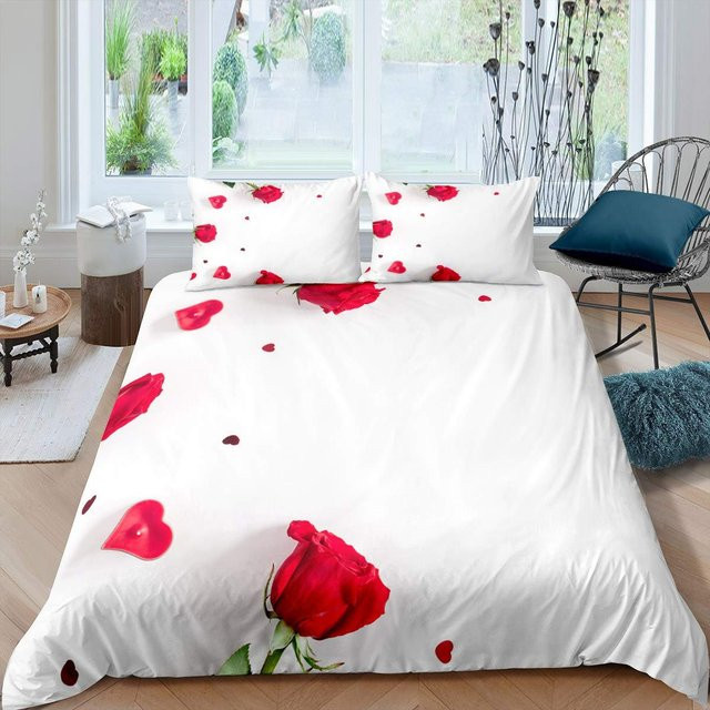 Bettwäsche-Set Your Warm Home mit Rosenblüten-Print in Rot und Weiß, bestehend aus 1 Bettbezug und 2 Kissenbezügen, B/H: 200 x 200 cm - Bild 1