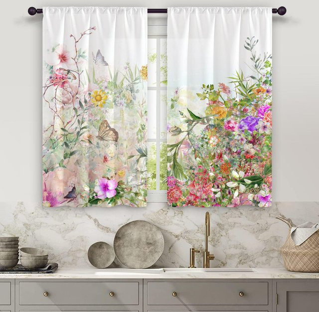 Halb-verdunkelnder Küchenvorhang mit Aquarell-Floral-Muster, 2er-Set, Mehrfarbig, B: 50 cm, H: 130 cm - Bild 1