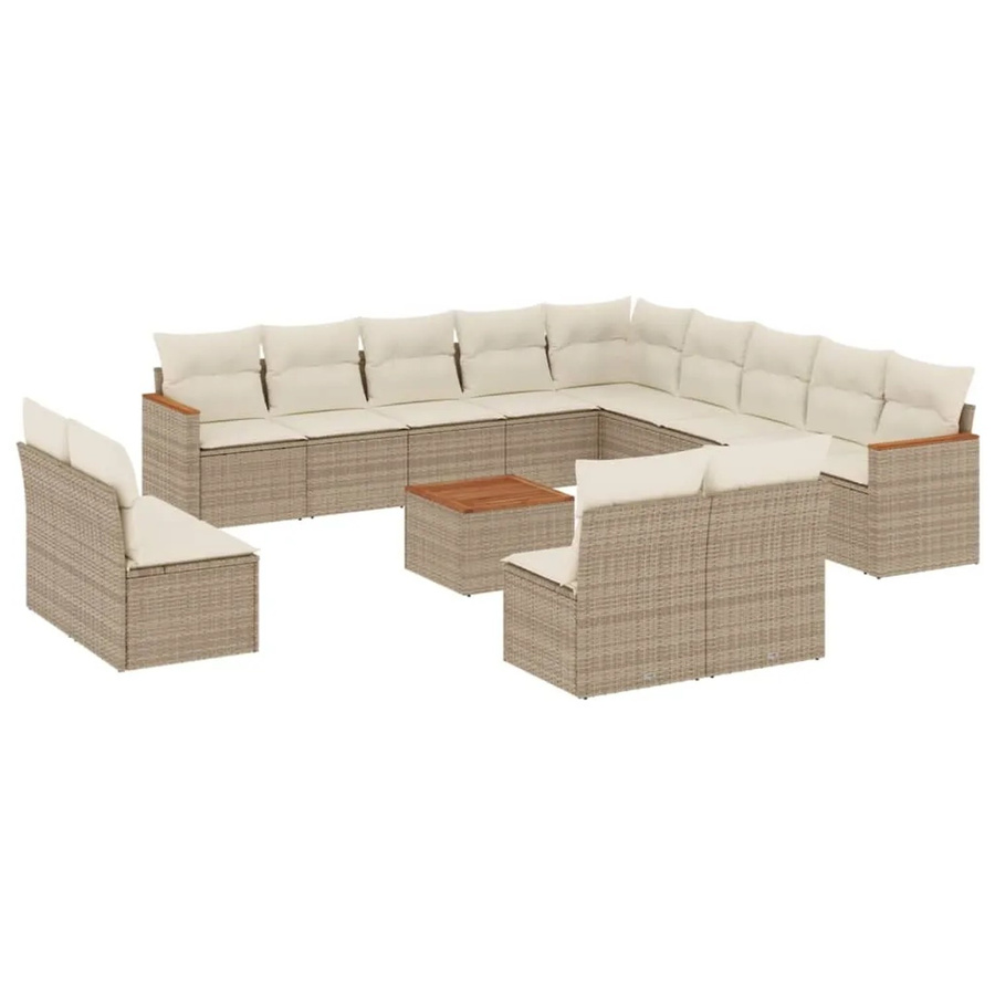 vidaXL 14-teilige Garten-Sofagarnitur in L-Form aus Poly-Rattan und Akazienholz mit Kissen in Beige und Cremeweiß - Bild 2