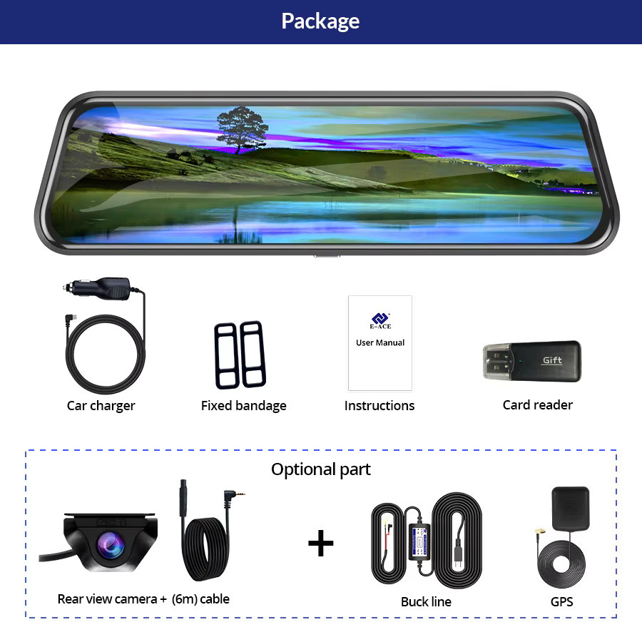 E-ACE 2K Auto Dashcam mit WIFI und GPS, Spiegel-Dashcam mit 1080P Videoaufnahme, Nachtsicht und 24H Parkmodus, Schwarz - Bild 6