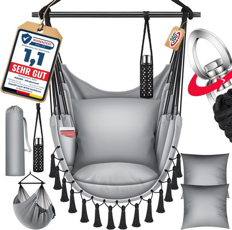 KESSER Hängesessel Safari XXL in Grau mit 2 Kissen, Getränkehalter und Bücherfach, Hängestuhl mit Animal Print für Erwachsene und Kinder, 360 Grad drehbar, Indoor und Outdoor