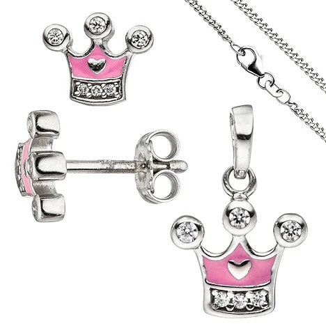 Colfem Schmuck-Set Krone, 925 Silber, Zirkonia, pink, rosa, Kinder Mädchen, mit Kette 42 cm - Bild 1