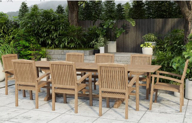 OUTFLEXX Garten-Essgruppe Ontario/Washington aus Teakholz in Natur mit 8 Stapelsesseln und ausziehbarer rechteckiger Tafel - Bild 1