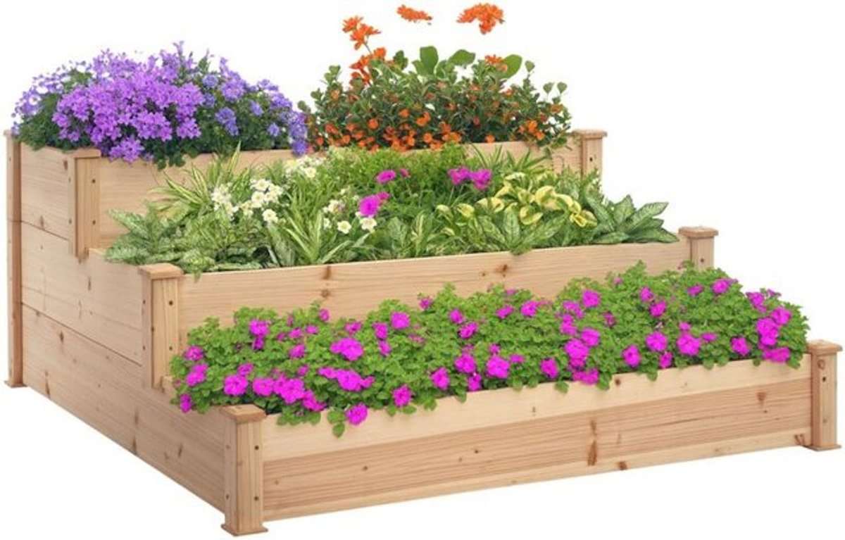 Outsunny 3-stufiges Hochbeet aus Natur-Tannenholz für Garten und Balkon, Farbe: Braun, B/T/H: 124 x 124 x 56 cm - Bild 3