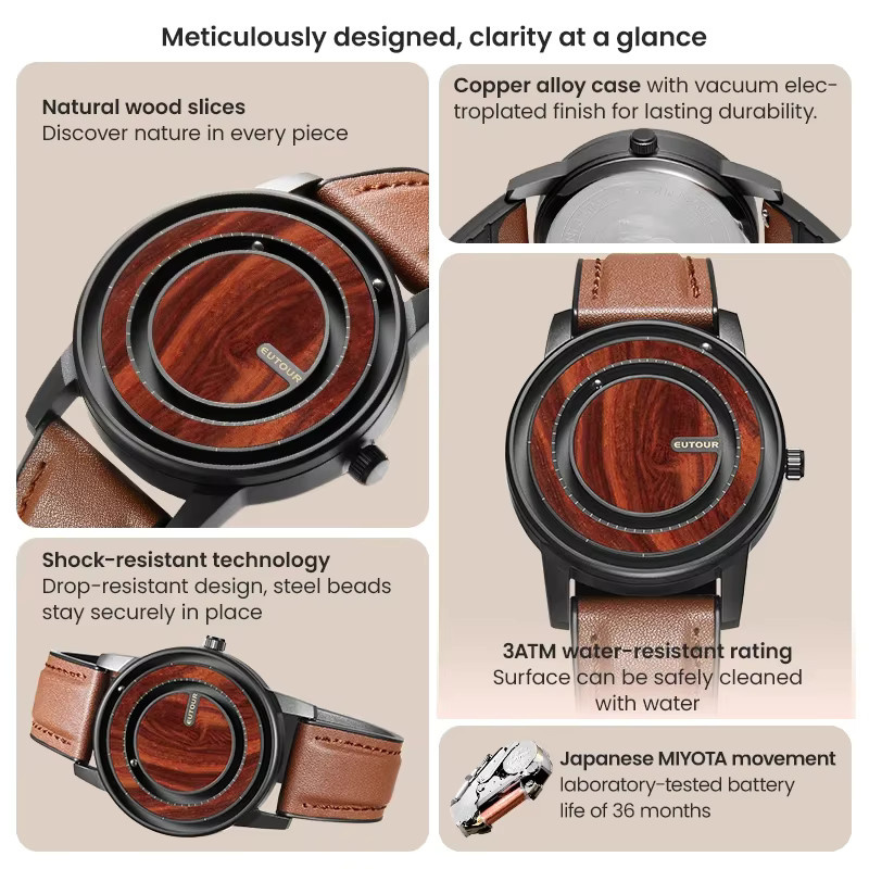EUTOUR Analoguhr, Messing, Lederarmband, Weiß, Unisex, 44 mm - Bild 4