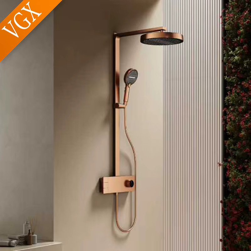 VGX Gold Badezimmer-Duschsystem aus Messing in Roségold mit Regenduschkopf und Duschmischer - Bild 1