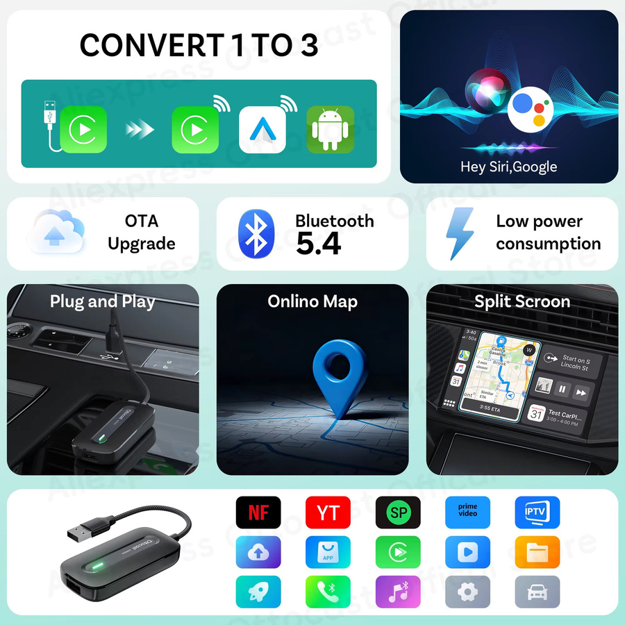 OTTOCAST Play2Video Express Wireless CarPlay und Android Auto Adapter für YouTube und Netflix in Schwarz - Bild 2