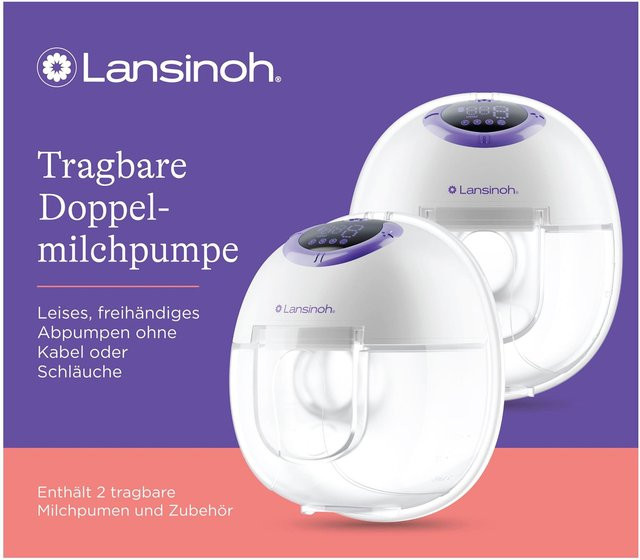Lansinoh Elektrische Doppel-Milchpumpe, tragbar und handsfree, BPA-frei, Weiß/Lila - Bild 1
