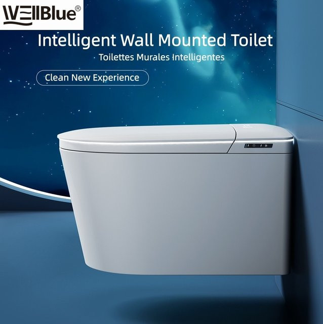 WELLBLUE Intelligente Wandtoilette mit Fernbedienung, vollautomatische Heizfunktion, Siphon-Spülung und integriertem Wassertank, Weiß, Keramik - Bild 1