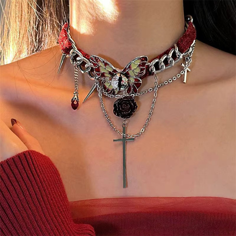 imixlot Halskette, Metall, Silber, Schmetterling Blume Kreuz Anhänger, Unisex - Bild 2
