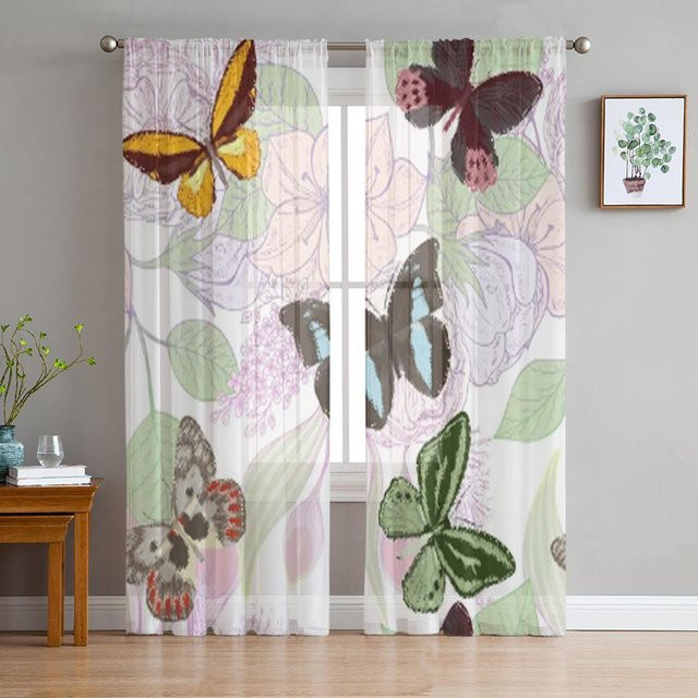 Super Six Transparente Tüll Vorhänge mit Blumen und Schmetterlingen in Weiß, B/H: 135 x 114 cm - Bild 1