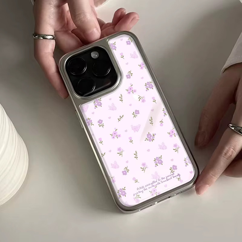 DecoPhone Handyhülle mit lila Blumen und Schmetterlingen, Hydrogel-Rückplatte und silbernem Rand, stoßfest für iPhone 17 16 15 14 Pro Max, Lila/Silber - Bild 3