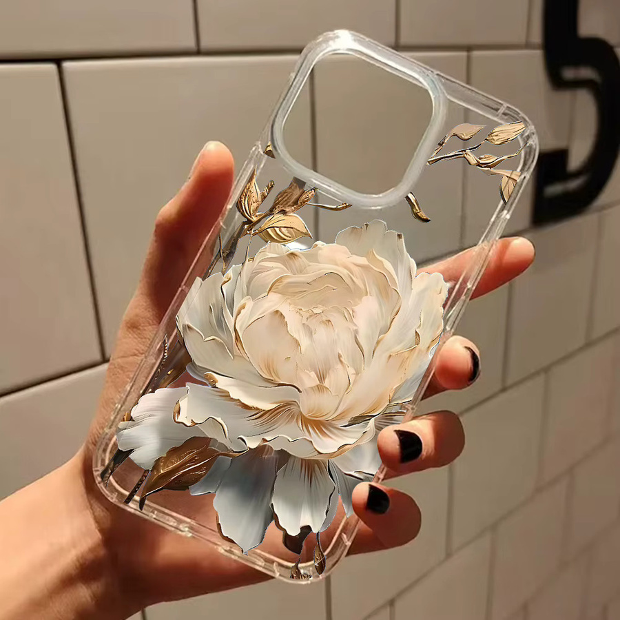 Transparente Silikon Handyhülle mit Peonien-Muster für iPhone 11 bis iPhone 17 Pro Max und weitere Modelle - Bild 3
