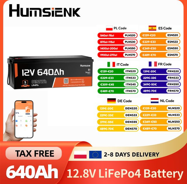 Humsienk 12V 600Ah LiFePO4 Lithium-Eisenphosphat-Batterie mit APP-Überwachung und 250A BMS in Schwarz - Bild 1