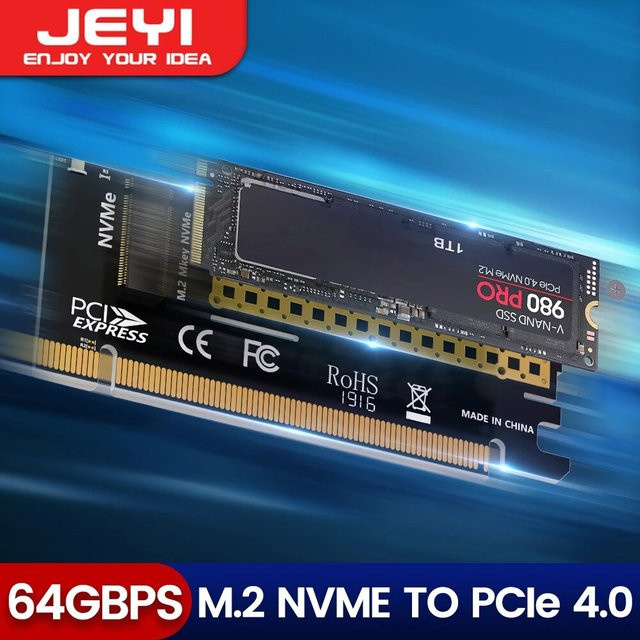 Jeyi M.2 NVMe zu PCIe x16 Adapter, Gen4 64Gbps Erweiterungskarte für Desktop-Motherboard, Schwarz - Bild 1
