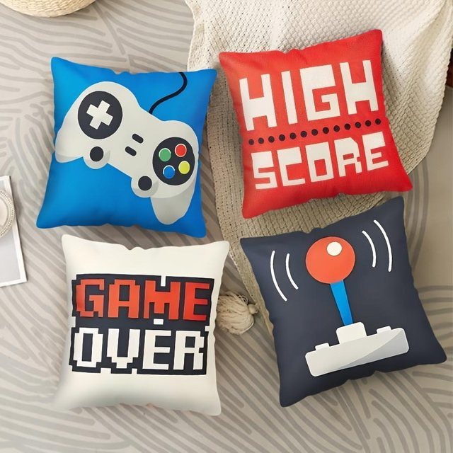 4er-Set JMG Clothing Kissenbezüge Retro-Videospiel-Design aus Plüsch, Farbe: Rot/Mehrfarbig, B/T/H: 35 x 35 x 35 cm - Bild 1