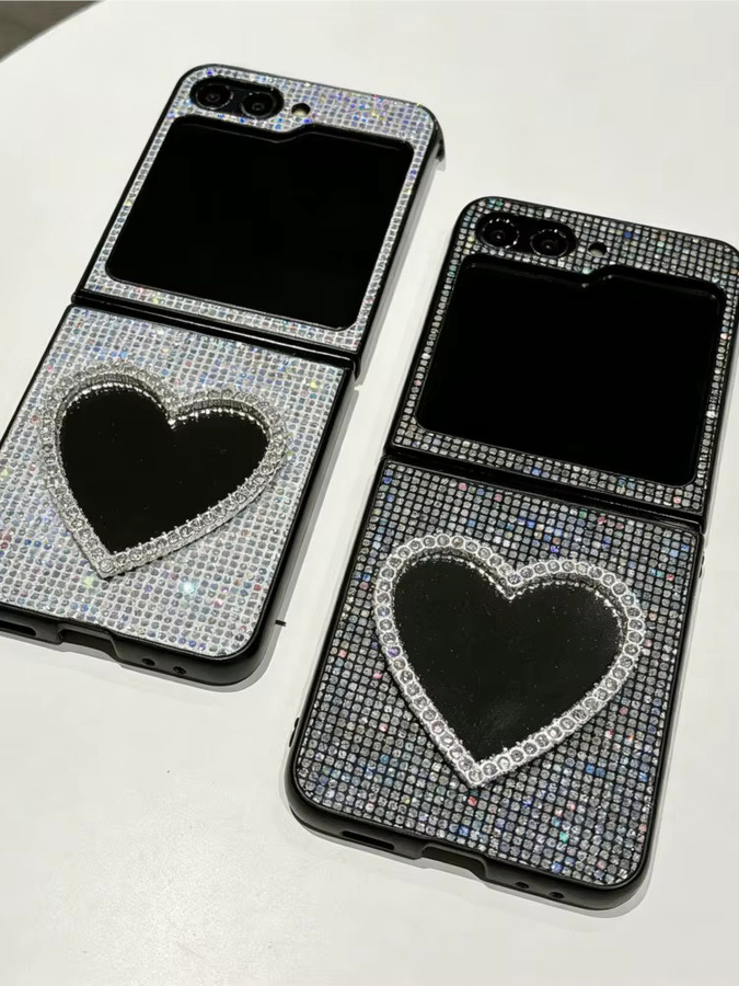 Glitzernde Handyhülle mit Gittermuster und Herz-Spiegel für Samsung Galaxy Z Flip (Modelle 3, 4, 5, 6, 7, 8, FE) in Schwarz - Bild 5