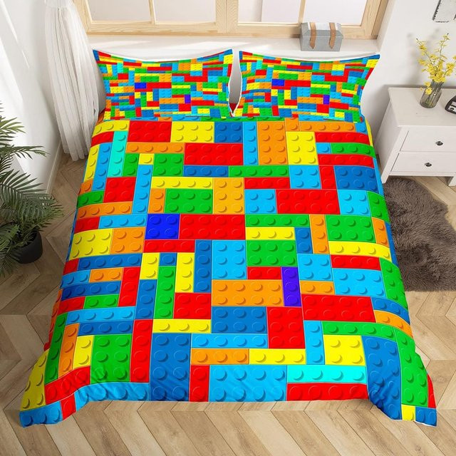 Binchi Fitness Bettwäsche-Set mit Baustein-Print aus weicher Mikrofaser, bunt, 3-teilig, B/H: 140 x 200 cm - Bild 1