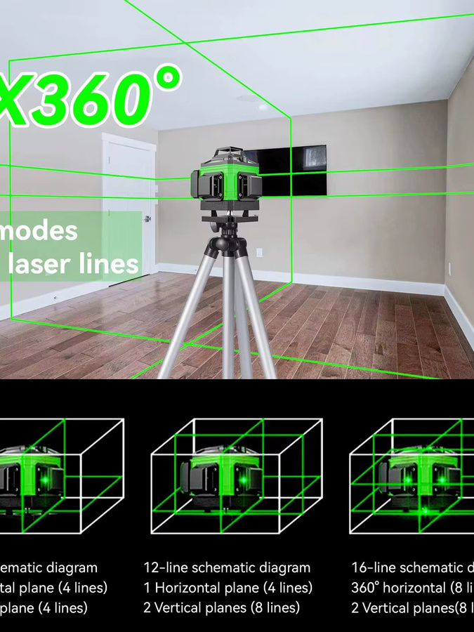 TKKEACE 4D-Laser-Nivelliergerät mit 16 Linien, 3 Grad Nivellierung, selbstnivellierender Funktion und Stativ, Farbe: Grün - Bild 7