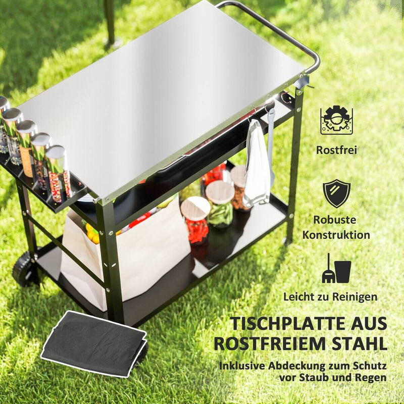 Outsunny Grillwagen aus Edelstahl mit 3 Etagen und Hülle, höhenverstellbarer Servierwagen für den Garten, Schwarz, B/T/H: 100 x 52 x 80 cm - Bild 3