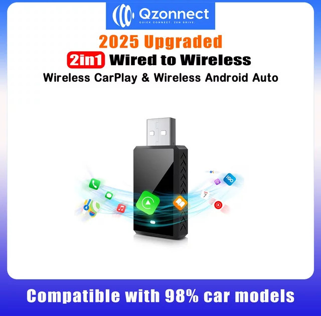 Qzonnect 2025 Wireless CarPlay und Android Auto Dongle Adapter mit 5 GHz WiFi und Bluetooth 5.0 in Schwarz oder Silber - Bild 1