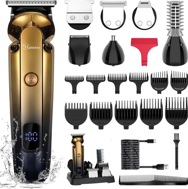 Hatteker 6-in-1 Professioneller Haarschneider mit Keramikklinge, LED-Anzeige und USB-Aufladung in Gold - Bild 1