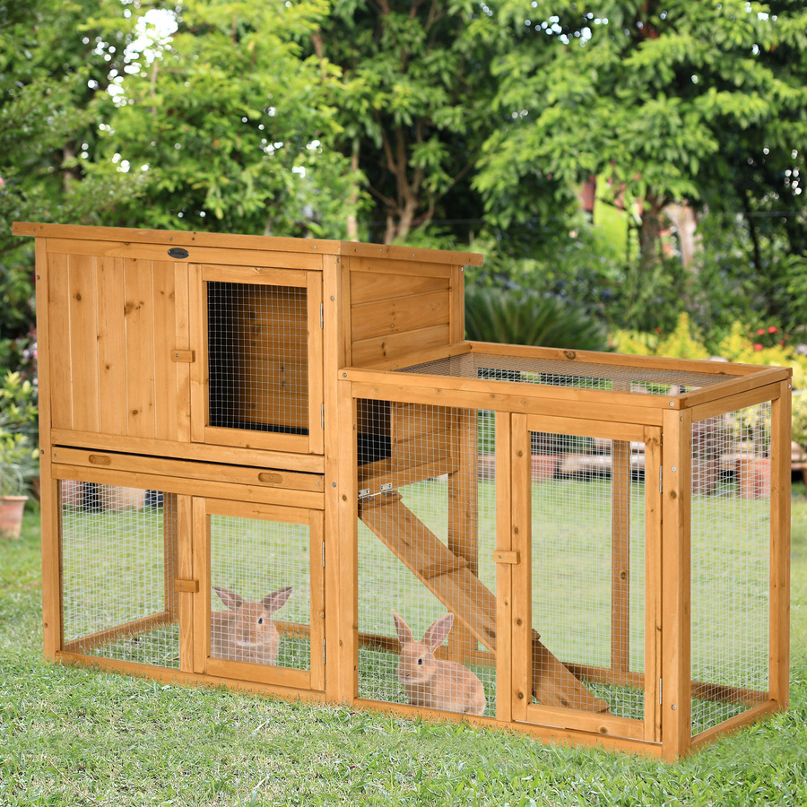 PawHut Kaninchenstall Kleintierstall aus Tannenholz mit Rampe und herausnehmbarer Bodenwanne, Farbe: Orange, B/T/H: 141 x 60 x 86 cm - Bild 2