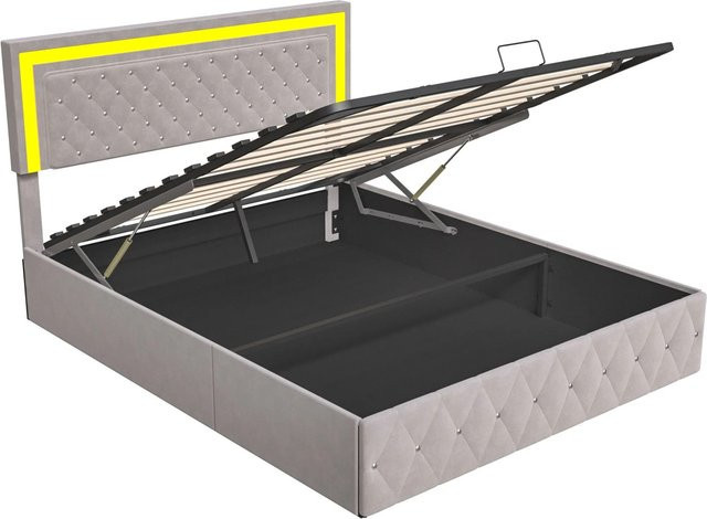 PXloue Polsterbett aus Samt mit höhenverstellbarem Kopfteil und Lift-up-Funktion, Beige, B: 140 cm, T: 200 cm, H: 112 cm - Bild 1