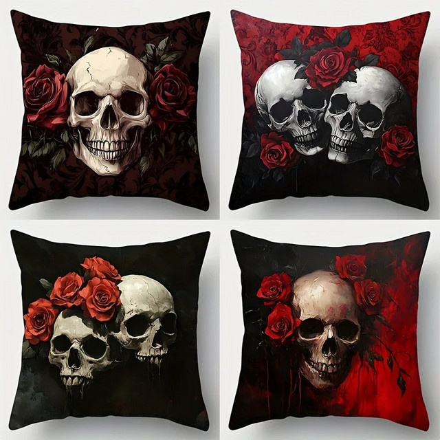 VIKAMA Edgy Skull & Rose Kissenbezüge, quadratisch, Multicolour, B/T/H: 40 x 40 x 40 cm - Bild 1