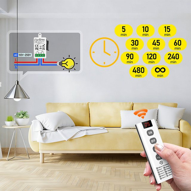 WenQia Kabelloser Timer-Lichtschalter mit Fernbedienung und 10 Countdown-Modi, 433MHz Mini-Relais-Empfänger für Lampe oder Ventilator, Weiß - Bild 1