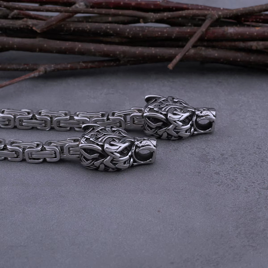 Halskette Edelstahl, Wolf Kopf, Thors Hammer, Herren - Bild 2