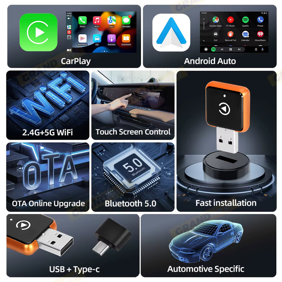 Grandnavi 2in1 Orange Smart Mini Box Wireless Carplay und Android Auto Plug & Play Verbindung für dein Auto - Bild 2
