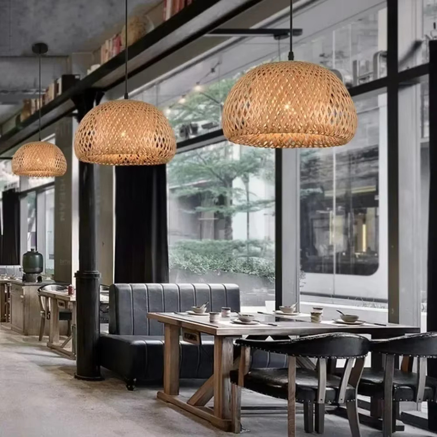 JOYINLED Bambus Hängelampe in Halbkugelform, Naturfarbenes Holz-Design im Boho-Stil für Wohnzimmer und Esszimmer, Warmweißes Licht - Bild 4