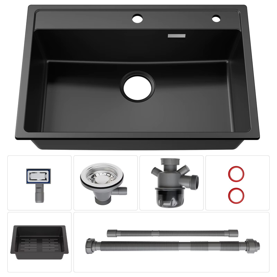 CECIPA max Küchenspüle aus Quarzkomposit in Schwarz, Einbauspüle mit Spülkorb und Siphon Abfluss Set, B/T: 70 x 46 cm - Bild 6