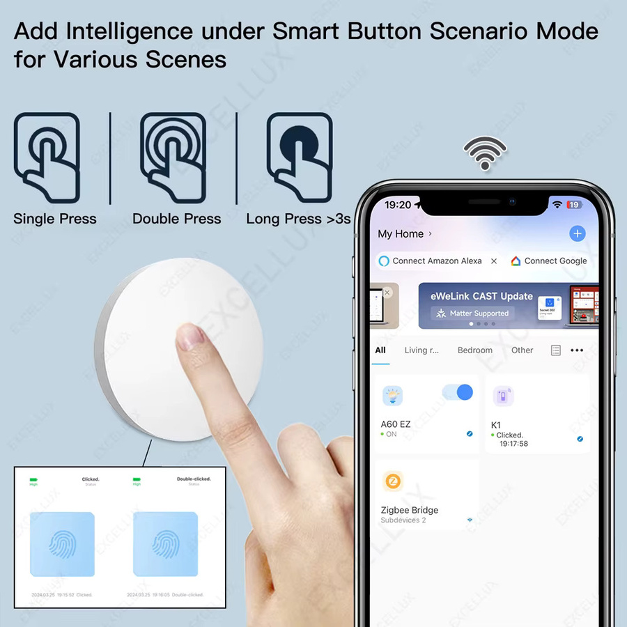 Excellux ZigBee Szenenschalter Weiß – Intelligenter kabelloser Wand-Drucktastenschalter zur smarten Verknüpfung mit Zigbee2MQTT und eWelink Smart Devices - Bild 2