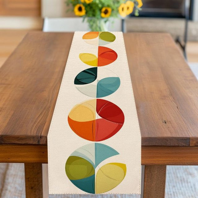 JINGYUE Pet Tischläufer mit abstraktem geometrischem Farbblock-Halbkreis-Muster in Weiß und Multicolour, B/H: 40 x 140 cm - Bild 1