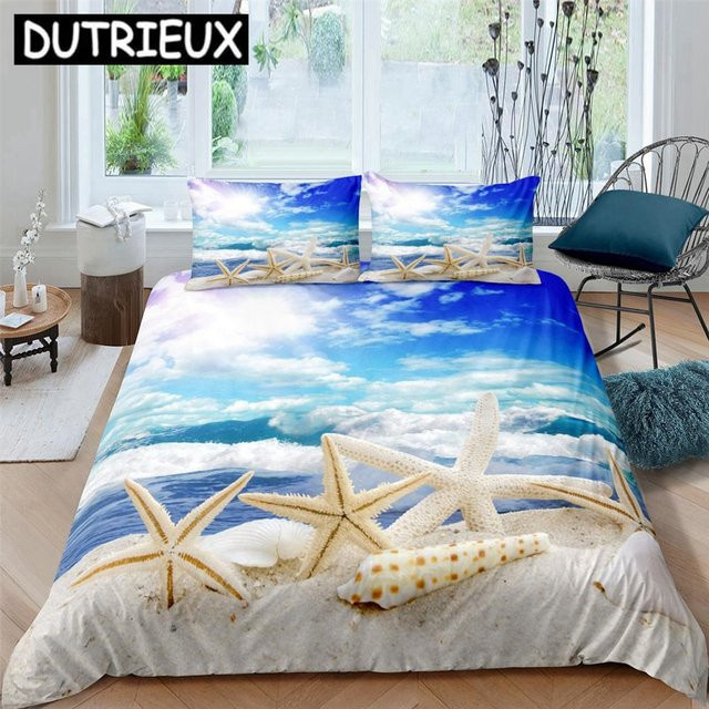 Flylo 3D-Strand-Bettwäscheset mit Motiv in Blau, bestehend aus Bettbezug und Kissenbezügen, B/H: 200 x 230 cm - Bild 1