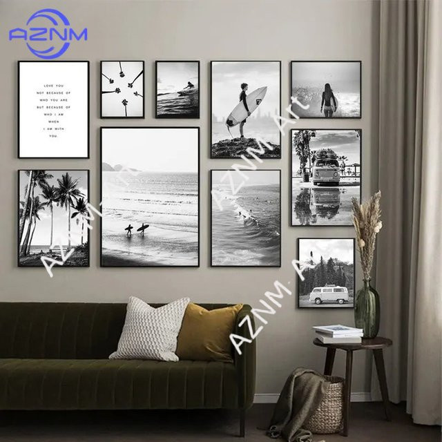 Potdemiel Modernes Poster Strand und Surfen in Schwarz-Weiß, Rahmenloses Papierposter im Querformat - Bild 1