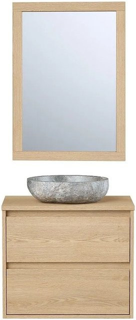 Milipam Einzelwaschtisch in Naturfarben Hell mit Eichenfurnier und Steinoptik, Breite: 60 cm - Bild 1