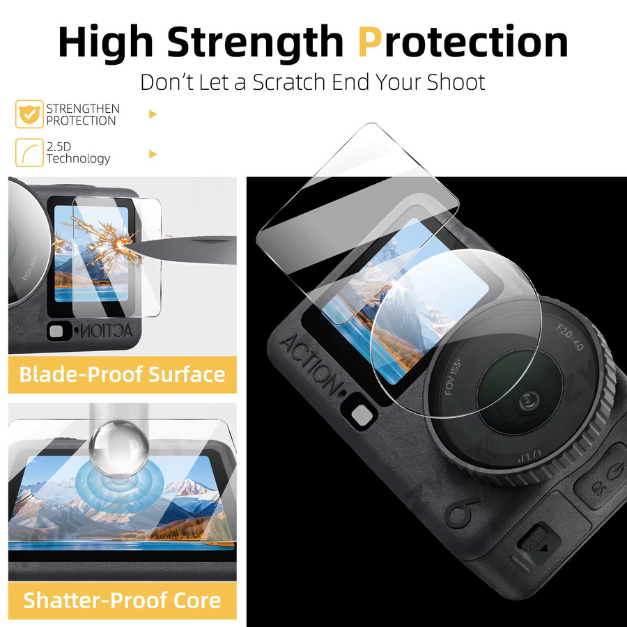 DJI Osmo Action 6 und Osmo Action 5 Pro Schutzglas Set: Transparentes 9H Gehärtetes Glas für Bildschirm und Objektiv zur Kratzschutz-Optimierung - Bild 2