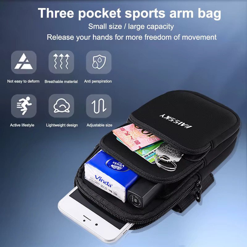 HAISSKY Fitness Armbandtasche mit 3 Reißverschlusstaschen für iPhone 17 16 15 14 13 Pro Max, Farbe: Schwarz - Bild 3