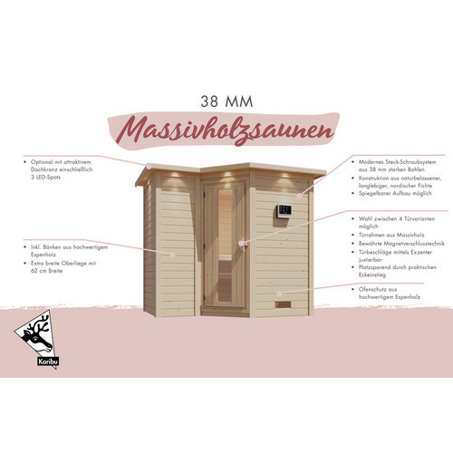Karibu Sauna Riga 1 aus Fichtenholz in Beige mit 9 kW Saunaofen und externer Steuerung für 3 Personen, B/T/H: 193 x 184 x 209 cm - Bild 2
