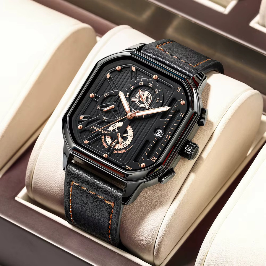 POEDAGAR Chronograph, Quarz, Leder, Schwarz, Herren - Bild 2