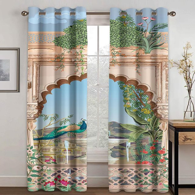 Dekorative 3D Vorhänge mit Pfau-Schloss-Motiv, 2 Paneele, halbtransparent, Mehrfarbig, B: 50 cm, H: 130 cm - Bild 1