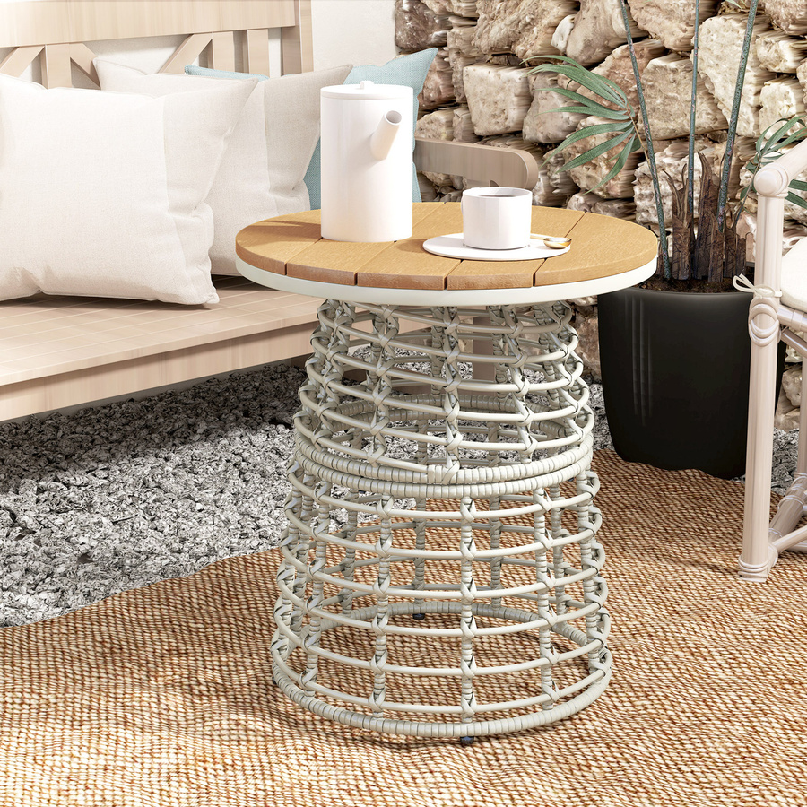 Outsunny Gartencouchtisch runder Outdoor-Beistelltisch in Rattanoptik mit Stahlbasis und Verbundplatte, Farbe: Grau/Beige, Durchmesser: 45 cm, Höhe: 50 cm - Bild 2