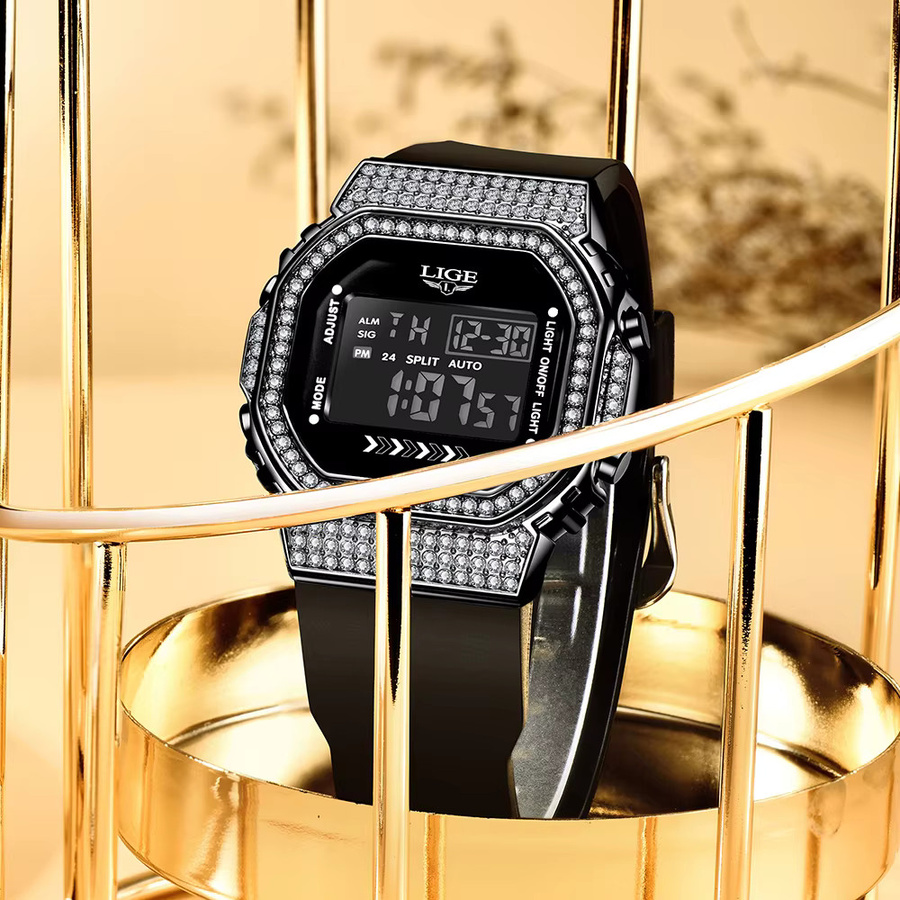 LIGE Armbanduhr, Quarz, Silikon, Diamantbesetzt, Schwarz, Damen - Bild 6