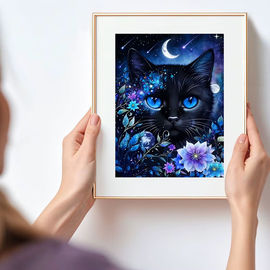 Huacan Diamantgemälde Katze und Mond als Rundes Mosaik-Set in Mehrfarbig mit Tierlandschaft-Motiv, Breite: 30 cm, Höhe: 20 cm, Tiefe: 20 cm - Bild 3