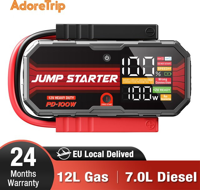 AdoreTrip Starthilfe Powerbank KFZ Jump Starter für 12V Autos mit 12L Benzin und 7L Diesel, PD100W, 3.7 Zoll LCD Display, Schwarz - Bild 1