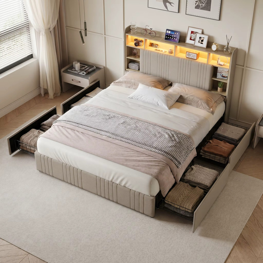 Superaly Plattformbett aus Leinen in Beige mit 4 Schubladen, LED-Beleuchtung, USB-Ladestation und Kopfteil mit Bücherregal, B/T: 160 x 200 cm - Bild 3