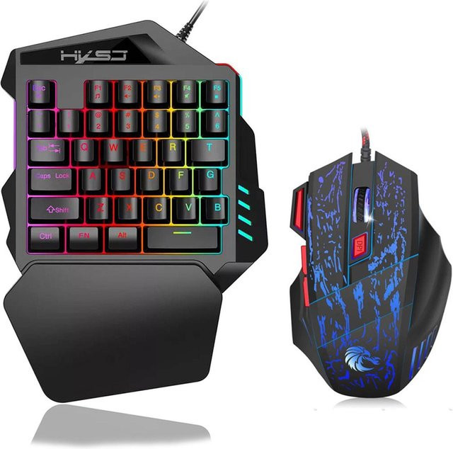 HXSJ J50 Gaming-Set mit 35-Tasten-Einhand-Tastatur und kabelgebundener Gaming-Maus mit LED-Hintergrundbeleuchtung in Schwarz - Bild 1